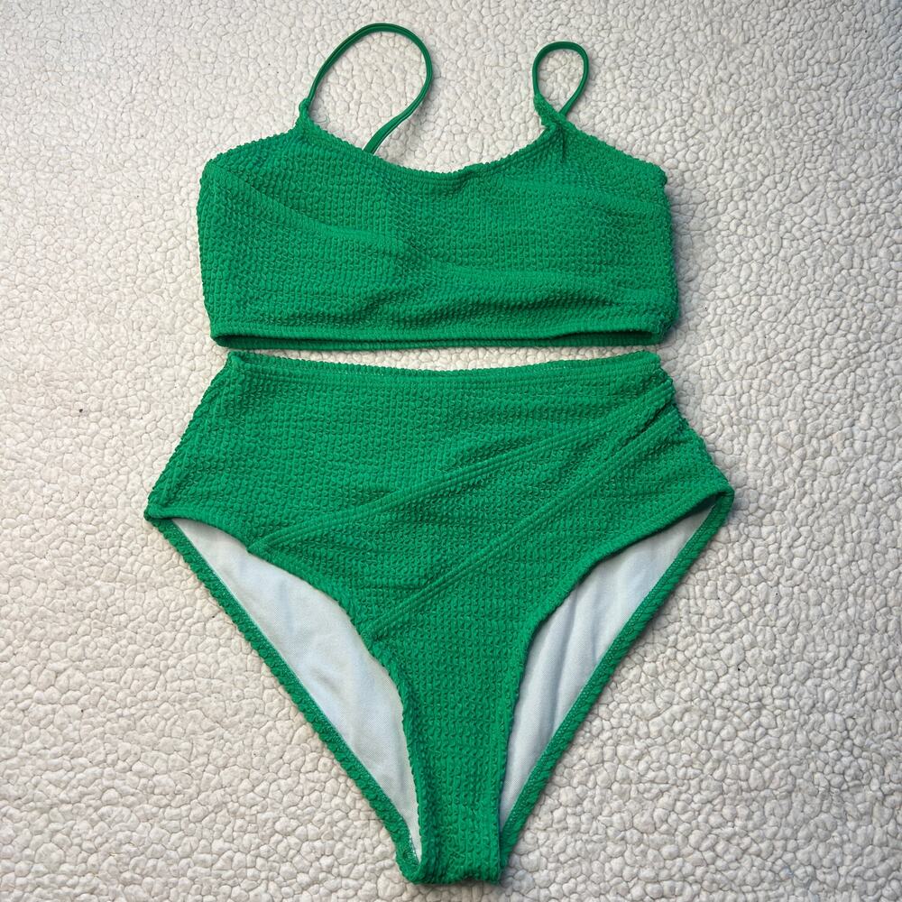 Shein High Waist Crinkled Green Bikini Small